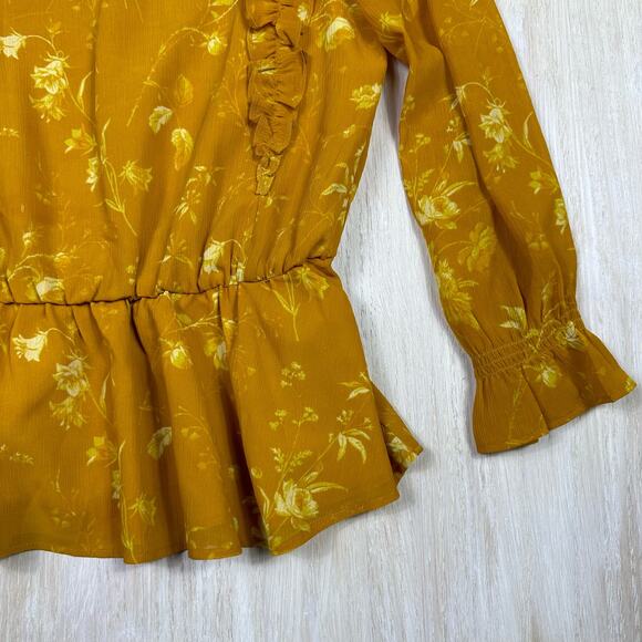 Madewell Mustard Tonal Botanical Boho Ruffle Floral Shoulder Peplum Top XS - Picture 3 of 13